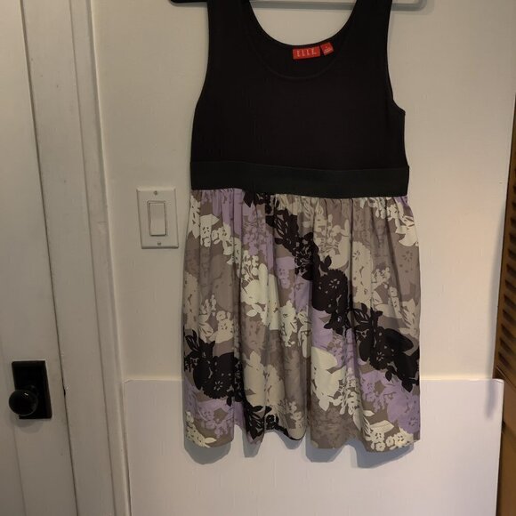 Elle French Designer Dress Sz L scoop neck black cotton top, elasticized waist - Picture 1 of 4